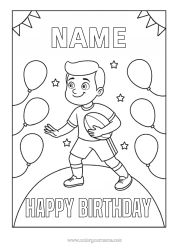 Coloring to customize Sport Birthday Balloons Rugby American football ball Happy Birthday (English) Message Team sports