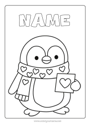 Free colouring Heart I love you. Penguin, Tuxedo Animal Easy colouring pages Birds and flying mammals Scarf Postcard