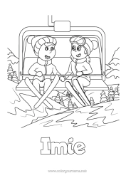 Kolorowanka do personalizacji Narty Sporty zimowe Czapka zimowa Wyciąg krzesełkowy