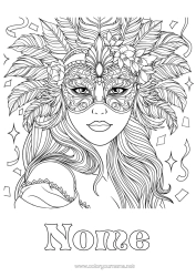 Desenho para personalizar Máscara Carnaval Colorações Complexas Pena Mulher
