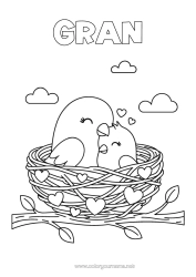 Free colouring Heart Happy birthday Bird I love you. Animal Birds and flying mammals Bird's nest Cub