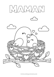 Coloriage gratuit Coeur Bonne fête Oiseau Je t'aime Animal Oiseaux et mammifères volants Nid d'oiseau Bébé animal