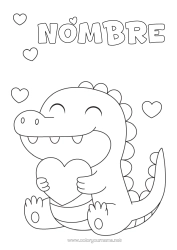 Colorear para personalizar Corazón Kawaii Dinosaurios Cocodrilo Reptiles