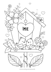 Kolorowanka do personalizacji Kwiaty Serce Ptak Ptaki i latające ssaki Budka lęgowa dla ptaków