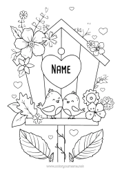 Coloring to customize Flowers Heart Bird Flying birds and mammals Birdhouse