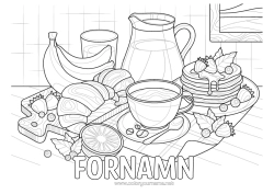 Gratis färgläggning Pannkakor Frukter Kafé Te Dryck Banan Croissant Realistisk Frukost