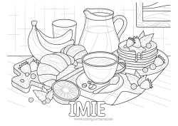 Kolorowanka za darmo Naleśniki Owoce Kawiarnia Herbata Napój Banan Rogalik Realistyczny śniadanie