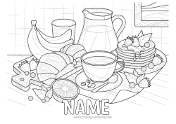 Colouring to customise Pancakes Fruit Café Tea Drink Banana Croissant Realistic Breakfast