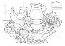 Gratis kleurplaat Pannenkoeken Fruit Koffie Thee Drankje Banaan Croissant Realistisch Ontbijt