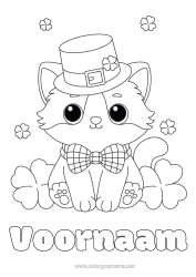 Gratis kleurplaat Kat Kawaii Klaver Saint Patrick's Day Hoed Honden en katten