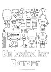 Gratis farvelægning Kawaii London Det Forenede Kongerige Flag Bus, bil Te Drik Symboler Jordbaserede offentlig transport Monument Hæfteomslag Bevare