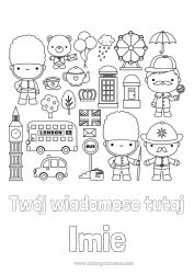 Kolorowanka za darmo Uroczy Londyn Zjednoczone Królestwo Flaga Autobus, samochód Herbata Napój Symbole Transport public lądowy Pomnik Okładka zeszytu Straż