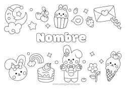 Colorear gratis Tarta Kawaii Conejo Arcoíris Cereza Sobre Luna Frutas Golosinas Helado Magdalena Animales del bosque