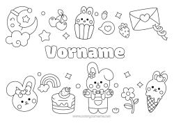 Kostenlose Malvorlage Kuchen Kawaii Hase Regenbogen Kirsche Umschlag Mond Früchte Leckereien, Süßigkeiten Eis Cupcake Waldtiere