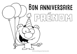 Coloriage à personnaliser Monstre Ours Anniversaire Ballons Joyeux Anniversaire (Français) Message Animaux De La Forêt Cartoon
