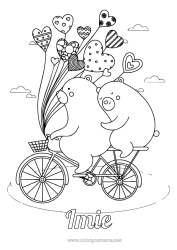 Kolorowanka za darmo Niedźwiedź Serce Balony Rower Zwierzęta leśne Pojazdy dwuśladowe