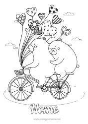 Colorazione gratuita Orso Cuore Palloncini Bicicletta Animali della foresta Veicoli a due ruote
