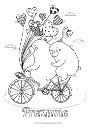 Pagină de colorat gratuită Urs Inimă Baloane Bicicletă Animale din pădure Vehicule cu două roți