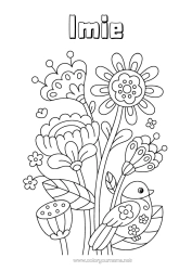 Kolorowanka za darmo Kwiaty Ptak Wiosna Ptaki i latające ssaki