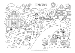 Coloring to customize Sheep Hen Pig Bunny Cow Farm Flying birds and mammals Farm animals Forest animals Mill Farm Professions Scarecrow Goose Barn