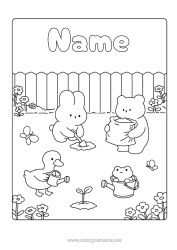 Free coloring Kawaii Bunny Animal Flying birds and mammals Forest animals Watering can Goose Garden Gardening