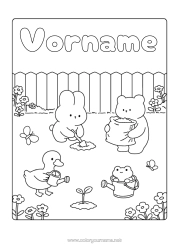 Kostenlose Malvorlage Kawaii Hase Tier Vögel und fliegende Säugetiere Waldtiere Gießkanne Gans Garten Gartenarbeit