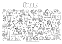 Kolorowanka za darmo Uroczy Wiosna Zając Jajka wielkanocne Wielkanoc Tulipan Symbole Zwierzęta leśne