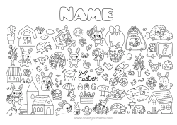 Free coloring Kawaii Spring Bunny Easter eggs Easter Tulip Symbols Forest animals