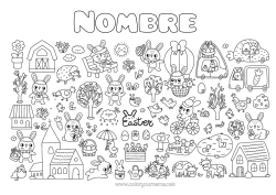 Colorear gratis Kawaii Primavera Conejo Huevos de Pascua Pascua de Resurrección Tulipán Simbolos Animales del bosque