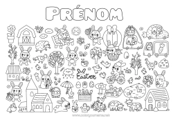 Coloriage gratuit Kawaii Printemps Lapin Oeufs de Pâques Pâques Tulipe Symboles Animaux de la forêt