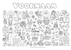 Gratis kleurplaat Kawaii Lente Konijn Paaseieren Pasen Tulp Symbolen Bosdieren
