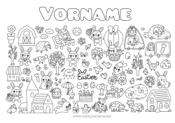 Kostenlose Malvorlage Kawaii Frühling Hase Ostereier Ostern Tulpe Symbole Waldtiere