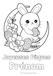 Coloriage à personnaliser Mignon Fleurs Kawaii Lapin Oeufs De Pâques Pâques Lune "Joyeuses Pâques" Message Animaux De La Forêt