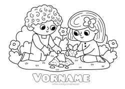 Kostenlose Malvorlage Mädchen Junge Kind Garten Gartenarbeit