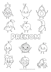 Coloriage à personnaliser Kawaii Cerise Fruits Fraise Avocat Pastèque Banane Poire Citron Cartoon Framboise