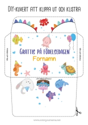 Färgläggningssida att anpassa Födelsedag Sköldpadda Djur Fisk Krabba Rokfisk Marina djur eller vattenlevande djur Reptiler Bläckfisk Utskriftskuvert Födelsedagstårta