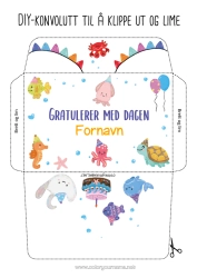 Gratis fargelegging Bursdag Skilpadde Dyr Fisk Krabbe Rogna Marin eller akvatisk dyr Reptiler Blekksprut Utskriftsvennlig konvolutt Bursdagskake