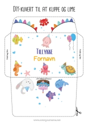 Gratis farvelægning Fødselsdag Skildpadde Dyr Fisk Krabbe Rokke Havdyr eller vandlevende dyr Reptiler Blæksprutte Trykt kuvert Fødselsdagskage