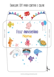 Desenho grátis Aniversário Tartaruga Animal Peixe Caranguejo Raia Animais marinhos ou aquáticos Répteis Polvo, Lula Envelope para imprimir Bolo de aniversário