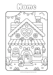 Free coloring Cute Heart Kawaii Bunny Animal House Forest animals