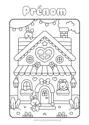 Coloriage à personnaliser Mignon Coeur Kawaii Lapin Animal Maison Animaux de la forêt