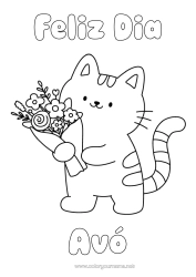 Desenho grátis Flores Gato Feliz Aniversário Kawaii Festa Animal Desenhos para colorir fáceis Cães e gatos Buquê
