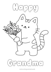 Free coloring Flowers Cat Happy feast day ! Kawaii Party Animal Easy coloring pages Dog and cat Bouquet