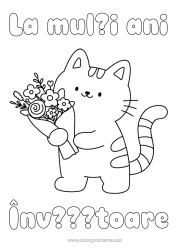 Pagină de colorat gratuită Flori Pisică La mulți ani! Drăguț Sărbătoare Animal Desene de colorat ușoare Câini și pisici Buchet