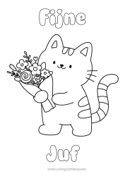 Gratis kleurplaat Bloemen Kat Fijne verjaardag Kawaii Feest Dier Eenvoudige kleurplaten Honden en katten Boeket