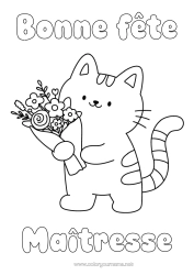 Coloriage gratuit Fleurs Chat Bonne fête Kawaii Fête Animal Coloriages faciles Chiens et chats Bouquet