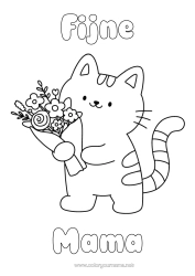 Gratis kleurplaat Bloemen Kat Fijne verjaardag Kawaii Feest Dier Eenvoudige kleurplaten Honden en katten Boeket
