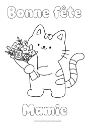 Coloriage gratuit Fleurs Chat Bonne fête Kawaii Fête Animal Coloriages faciles Chiens et chats Bouquet