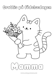 Gratis färgläggning Blommor Katt Grattis på födelsedagen Söt Fest Djur Lätta målarbilder Hundar och katter Bukett