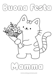 Colorazione gratuita Fiori Gatto Buona festa Kawaii Festa Animale Disegni da colorare facili CanI e gatti Mazzo